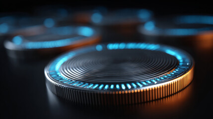 Digital Currency Showcase: Sleek, futuristic cryptocurrency coins, radiating a luminous glow against a deep, shadowy background, capturing the essence of digital finance.