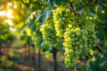 Fresh Green Grapes on Lush Vineyard Vines Bathed in Golden Hour Sunlight