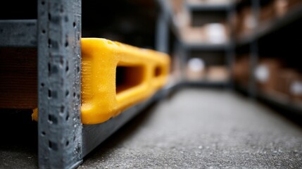 Close up of a yellow plastic object on a metal shelf in a warehouse storage area