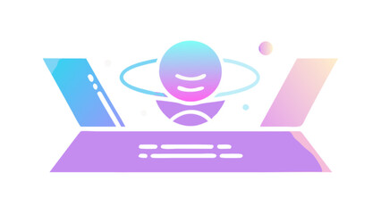 Illustration of a planet with rings above a platform in pastel colors on a white background design