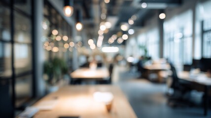Fototapeta premium Modern abstract blurred office interior with defocused workspace, contemporary corporate environment background for business, teamwork, and professional presentation visuals