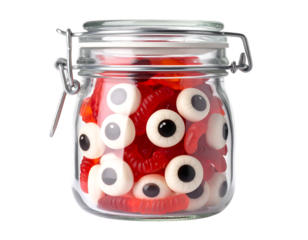 Colorful jar filled with spooky gummy candies for Halloween treat