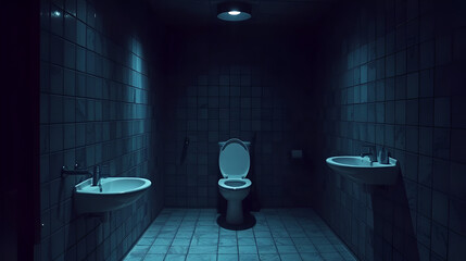 A bleak, prison bathroom cell, shrouded in gloom.