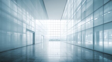 Modern office interior with blurred white glass wall, contemporary corporate workspace background, abstract architectural design for business and professional presentation visuals