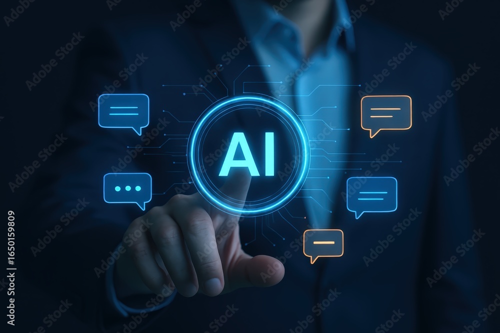 Poster a person interacts with a digital interface displaying artificial intelligence.