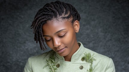 Portrait of a young Black woman with dreadlocks wearing a green chef jacket adorned with rosemary sprigs