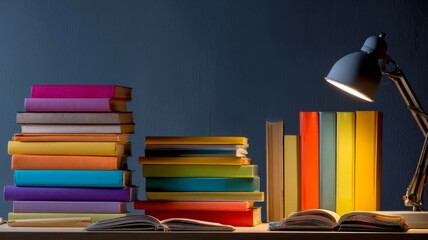 Colorful books stacked on a modern office desk with bright direct lighting, professional workspace for business planning, study, and productivity