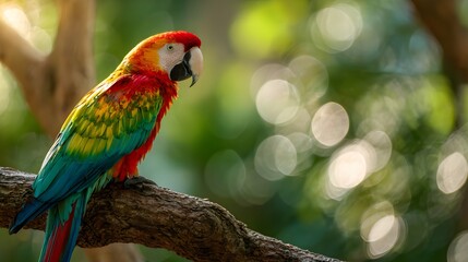 Vibrant Scarlet Macaw Perched on Tree Branch with Lush Green Bokeh Background