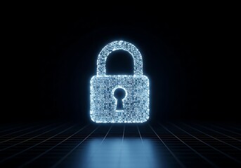 A glowing digital padlock, composed of binary code, symbolizes robust cybersecurity, data protection, and network security in a dark, tech-oriented environment.