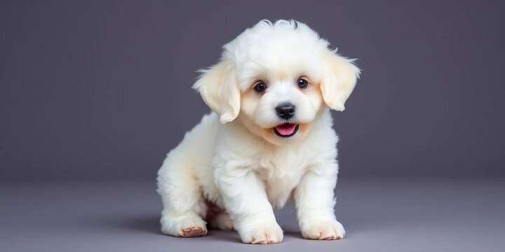 Fluffy white Poodle puppy, playful pose, big ears, tiny paws, animal photography, photography