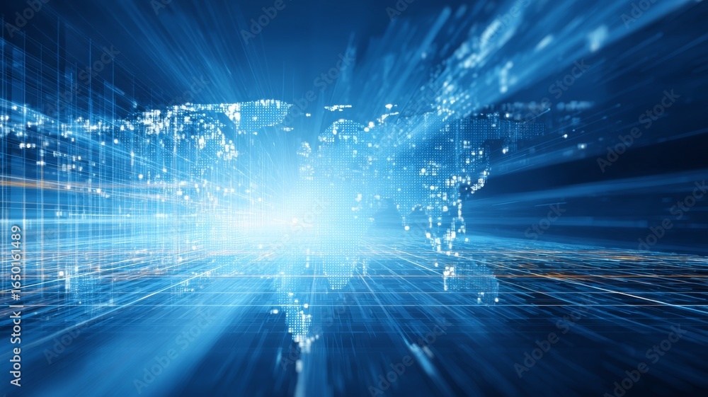 Poster futuristic digital business environment with virtual technology interfaces and global connectivity c