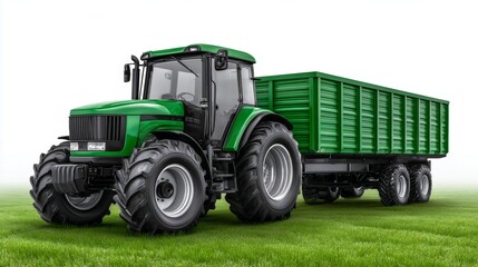 Modern green tractor with large agricultural trailer on grass field, powerful farming machinery for transport, agriculture and countryside equipment concept

