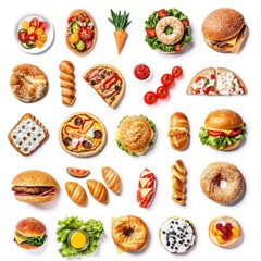 Assorted food items, top-down view, various types of sandwiches, bagels, pizza, and sides