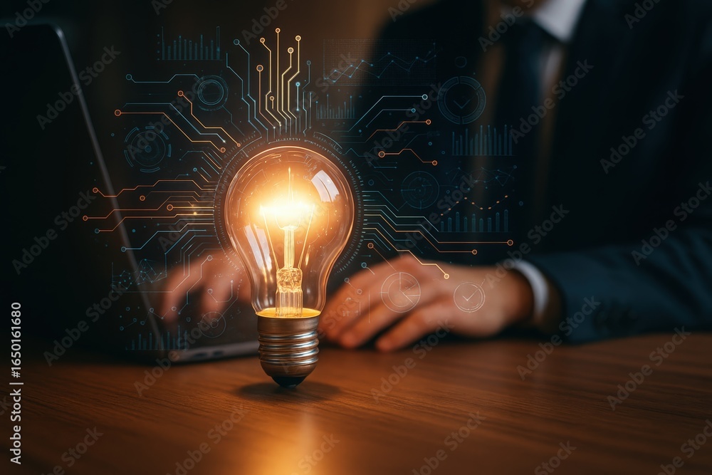 Aufkleber illuminated lightbulb with digital circuit overlay on a wooden table.