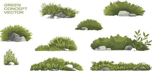 PrintGreen bush plants with stones, natural foliage landscape elements, realistic garden shrubs vector illustration, eco-friendly greenery design for outdoor decoration