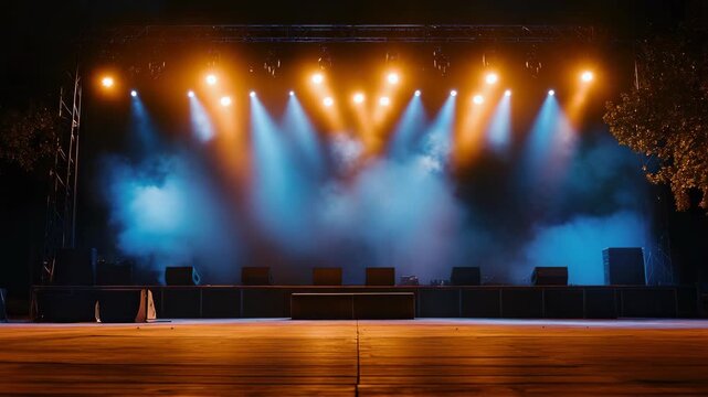 A stage with a large number of lights and a fog machine. The lights are on and the fog machine is on, creating a dramatic atmosphere. The stage is empty, with no performers or audience members present