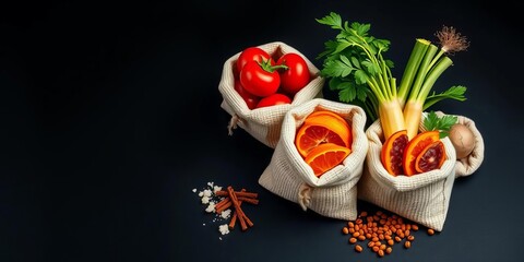 Healthy food ingredients in small sacks on black background,  diet,   delicious