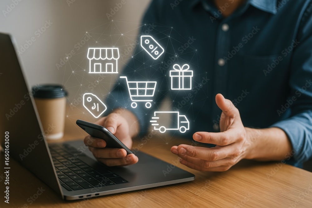 Poster person using a smartphone interacting with ecommerce icons in a virtual interface.
