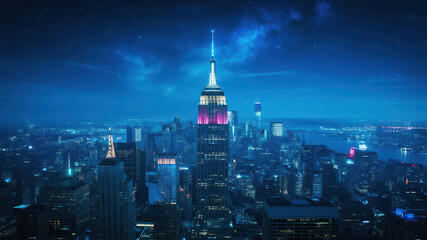 Obraz premium Illuminated Cityscape at Night with Prominent Skyscraper