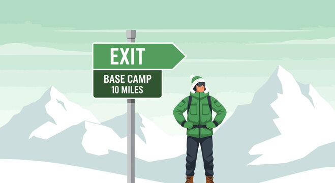 Happy Hiker Exploring Winter Landscape Near Exit Sign And Base Camp Direction