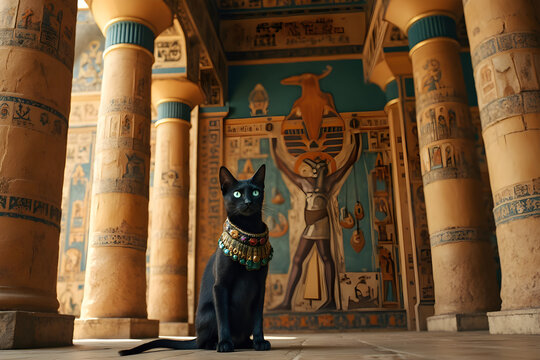 Majest&auml;tische schwarze Katze im &auml;gyptischen Tempel &ndash; Wallpaper Design &ndash; Harmonischer Hintergrund