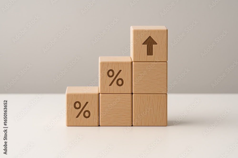 Aufkleber wooden blocks arranged in a staircase pattern with percentage symbols and an upward arrow.