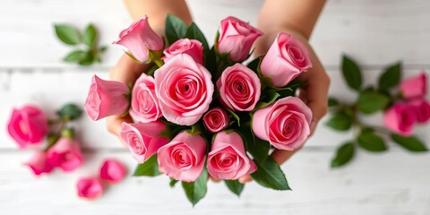 Overhead view of hands holding a bouquet of pink roses,  gift,  bouquet