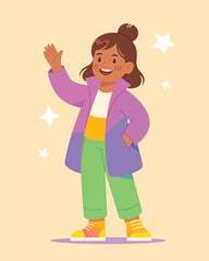 Fototapeta premium Happy little girl waving her hand in a friendly greeting. A cheerful child vector character illustration.
