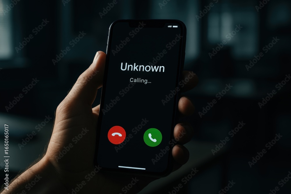 Aufkleber a hand holds a smartphone displaying an incoming unknown call.
