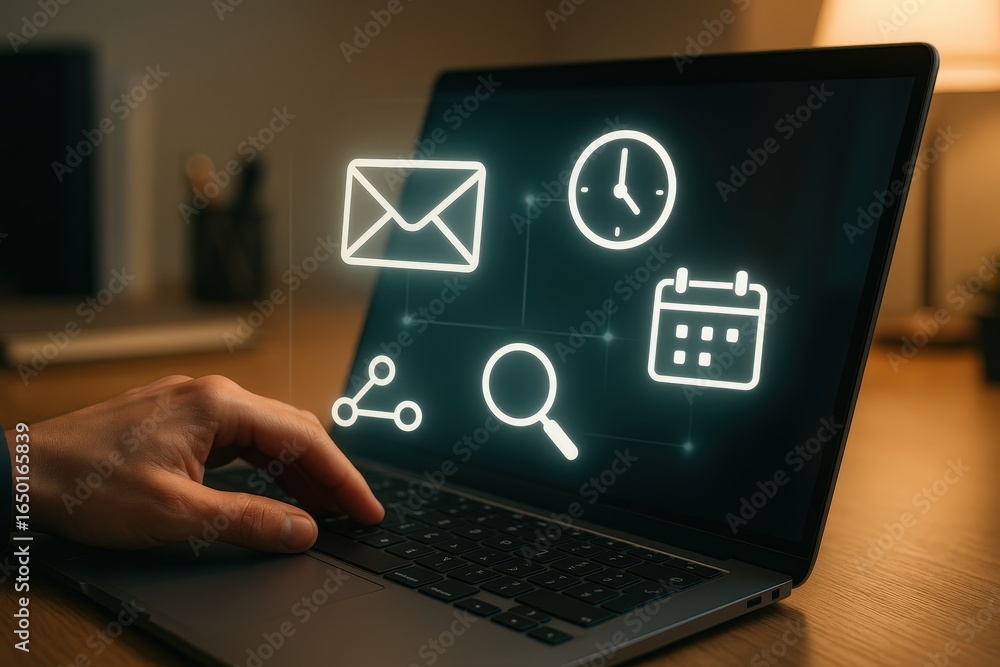Poster person using a laptop with digital icons for communication and scheduling.