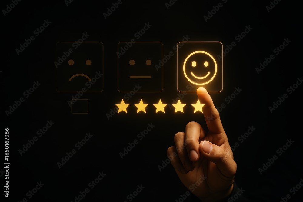 Poster hand selecting a positive feedback option on a digital interface.