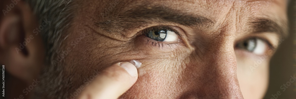 Poster man applying skincare product around the eye area while looking directly at the camera in a well-lit