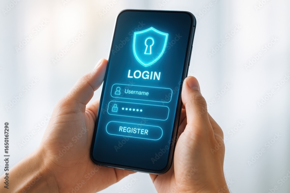 Poster Mobile phone displaying a login and registration interface.