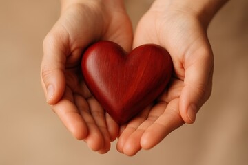 Fototapeta premium A wooden heart held gently in cupped hands.