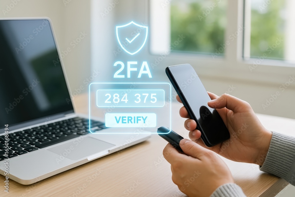 Poster two factor authentication process displayed on a laptop and smartphone.