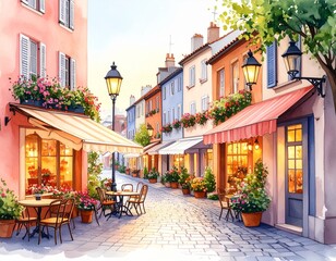 Obraz premium Watercolor Style European Cityscape with Cobblestone Streets, Brick and Pastel-Colored Buildings, Charming Urban Scene for Art and Design