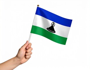 Lesotho National Flag with Blue, White, and Green Stripes Featuring Black Basotho Hat Emblem Held in Hand on Pole with Gold Finial
