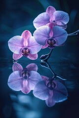 Naklejka premium Orchid blossoms, purplish-pink, reflect in dark water. Moody, tranquil scene