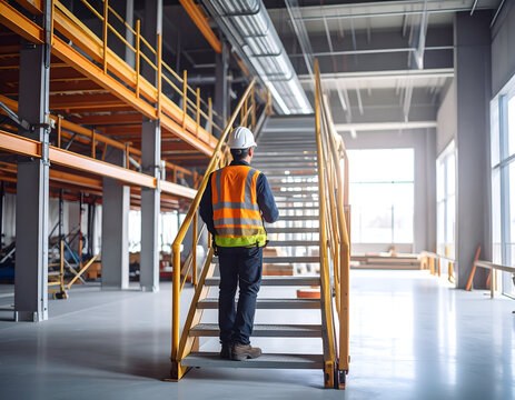 Industrial engineer in a hard hat and high-visibility vest walks up stairs, inspecting a new warehouse facility.