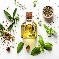 Aromatic herbs and spices arranged around a clear glass bottle of oil