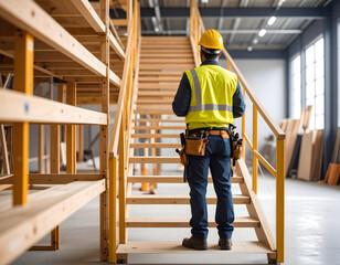 Dedicated worker in safety helmet and vest on wooden stairs in a modern industrial facility, symbolizing readiness and oversight in a growing production environment.