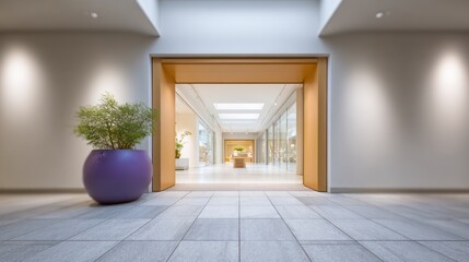 Fototapeta premium Modern interior walkway with open doors and a potted plant view through entrance