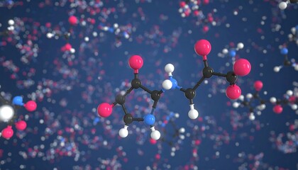 A 3D rendering of a molecule against a backdrop of similar molecules