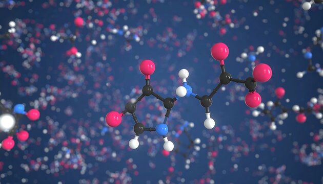 A 3D rendering of a molecule against a backdrop of similar molecules