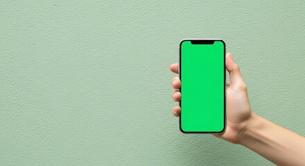 Hand holding a smartphone with a green screen against a mint green wall with copy space.