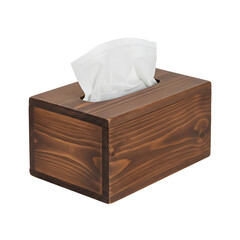 Rustic wooden tissue box with white tissues peeking out of the rectangular opening.