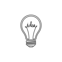 Creative concept lightbulb icon with 'idea' script filament in a continuous line art style.