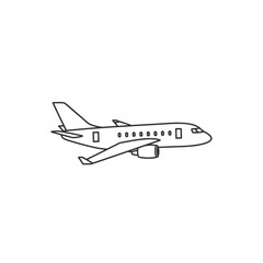 Simple black outline drawing of a passenger jet airplane in flight. A minimalist vector icon.