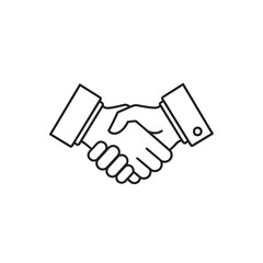 Simple black outline icon of a business handshake, a minimalist vector illustration of two hands in agreement with cuffed sleeves.