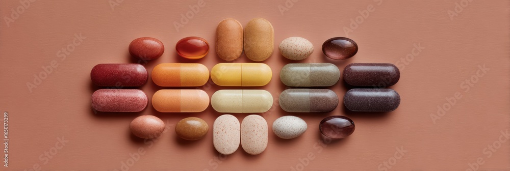 Poster various dietary supplements arranged on a neutral background highlighting their colors and shapes in